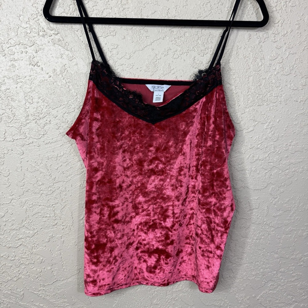 Y2K Red Velvet Cami Going Out Top Sz L Black Lace Trim Retro Goth Vampy Romantic